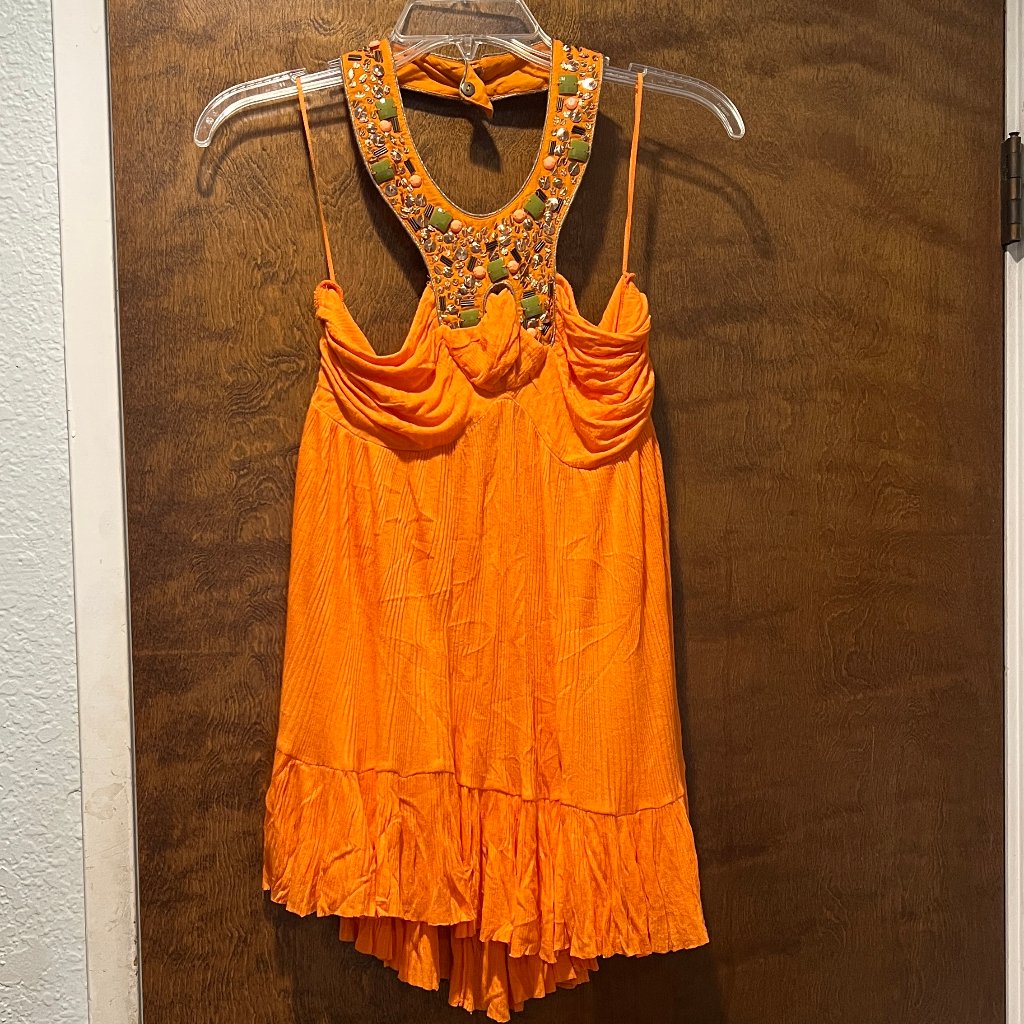 Free People Orange Halter Top Beaded U-Neck Ruffle Hem Boho Size M Like New